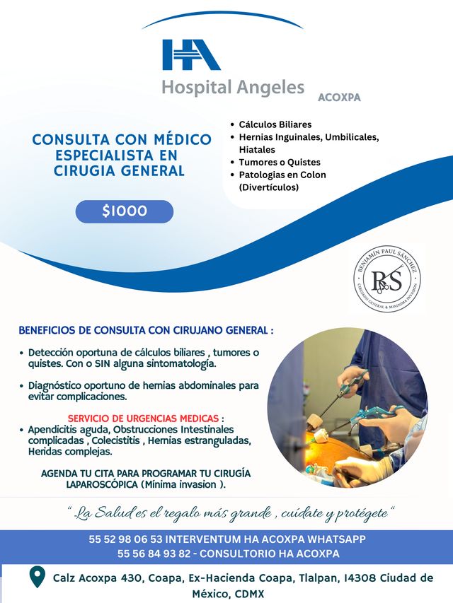 Ampliar imagen: Consulta de Cirugia General Hospital Angeles Acoxpa