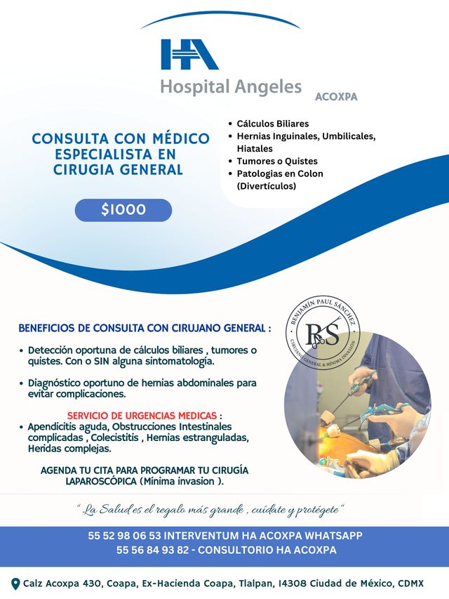Ampliar imagen: Consulta de Cirugia General Hospital Angeles Acoxpa